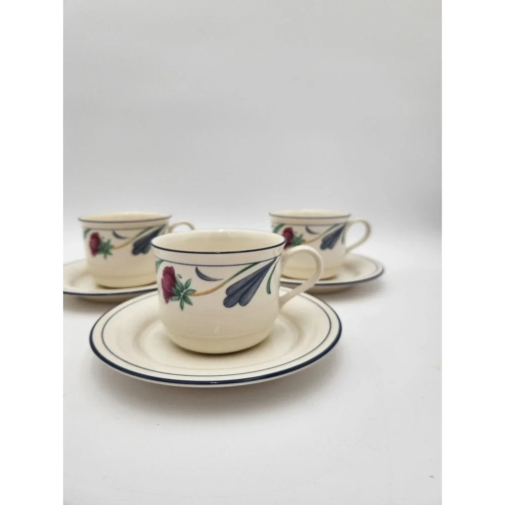 3 sets Lenox chinastone Poppies on Blue cups‎ & saucers 6 pieces stackable